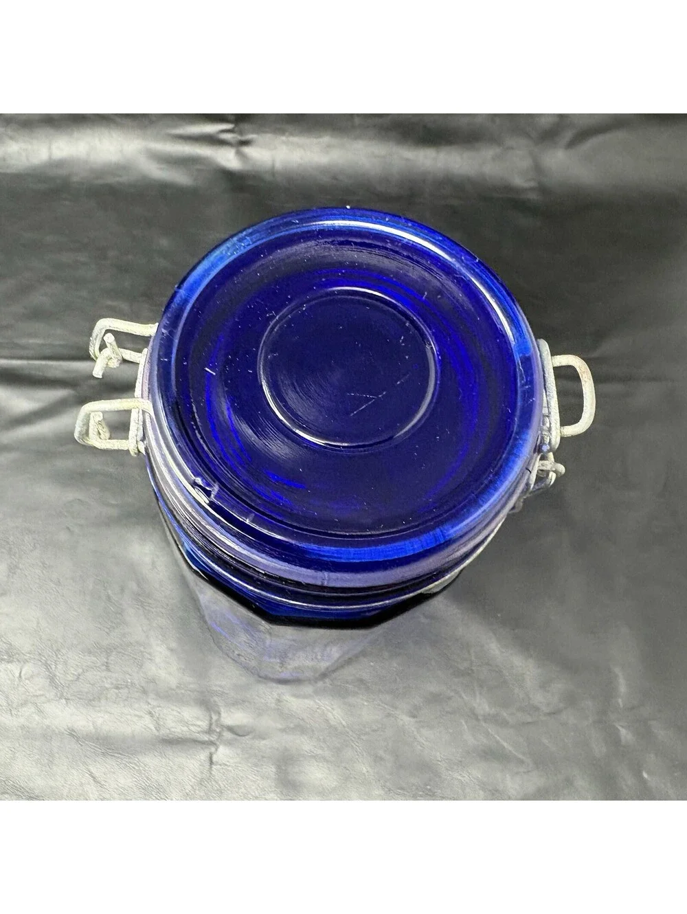 Cobalt Blue Jar Glass Storage Holder With Attached Wire Locking Lid 10” Tall